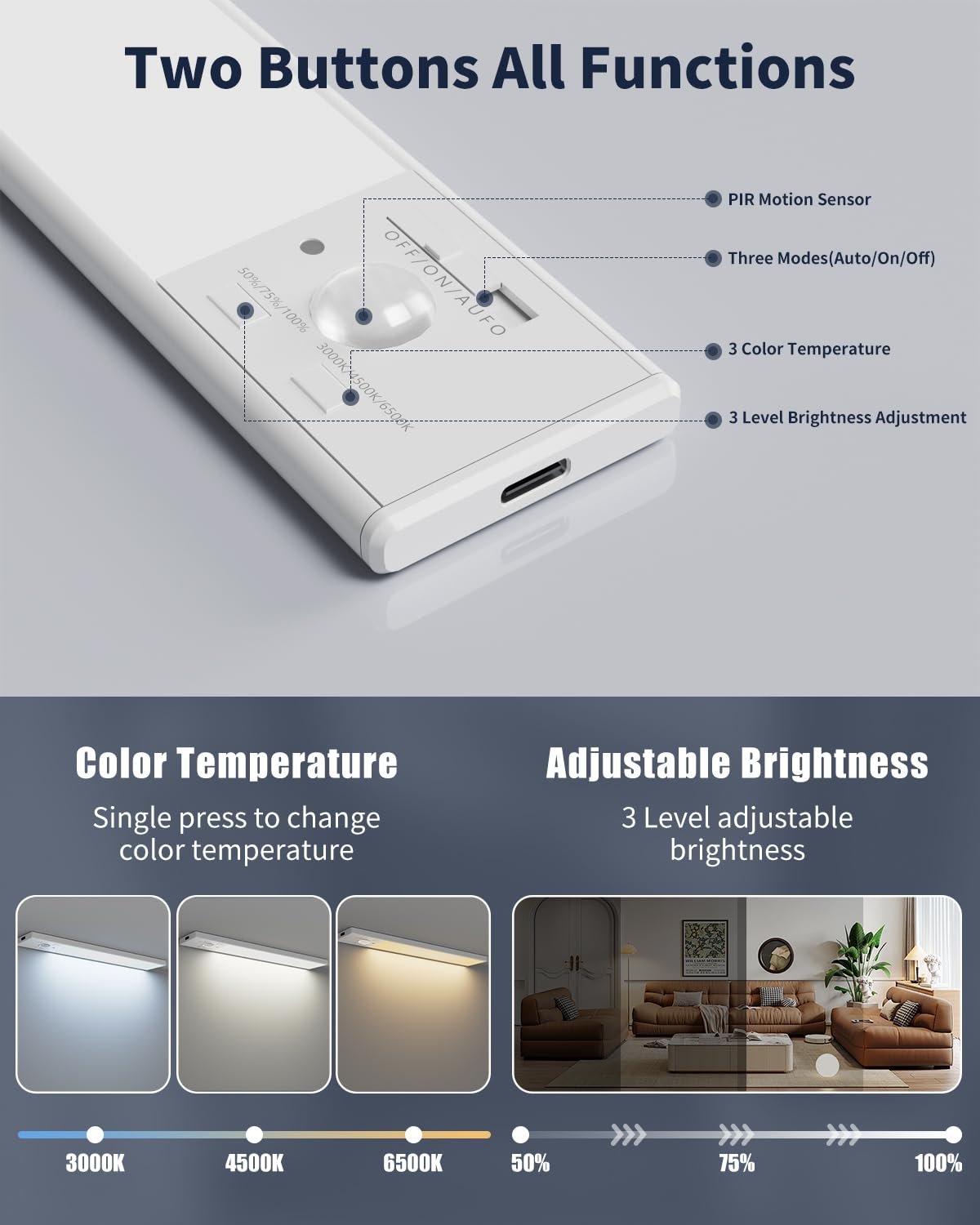 Fby Under Cabinet Lighting 1800Mah Usb Rechargeable Closet Light  8-Inch Led Motion Sensor Indoor  3-Level Adjustable Brightness And 3 Color Temperature Options (3Pack)