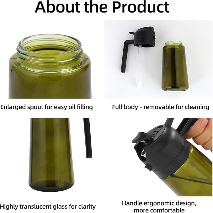 Aovdy Olive Oil Sprayer for Cooking, 2 In 1 Glass Oil Dispenser 16oz- 470ml Premium Spray Bottle for Kitchen Gadgets and Air Fryer Accessories, Salad, BBQ - 2PCS Dark Green