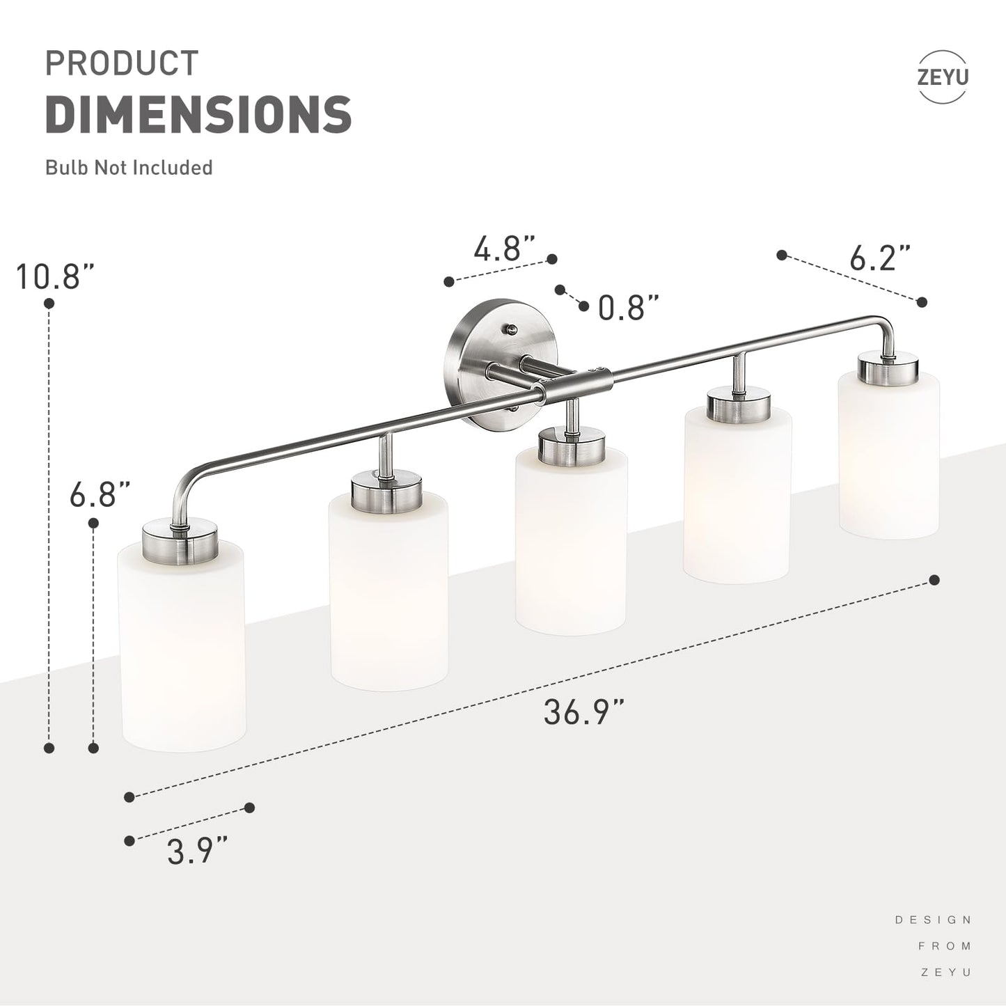 Zeyu Modern Bathroom Wall Sconce  5-Light Wall Mirror Light  Vanity Lighting Over Mirror  Brushed Nickel Finish With Milky White Glass Shade  Zs62B-5W Bn