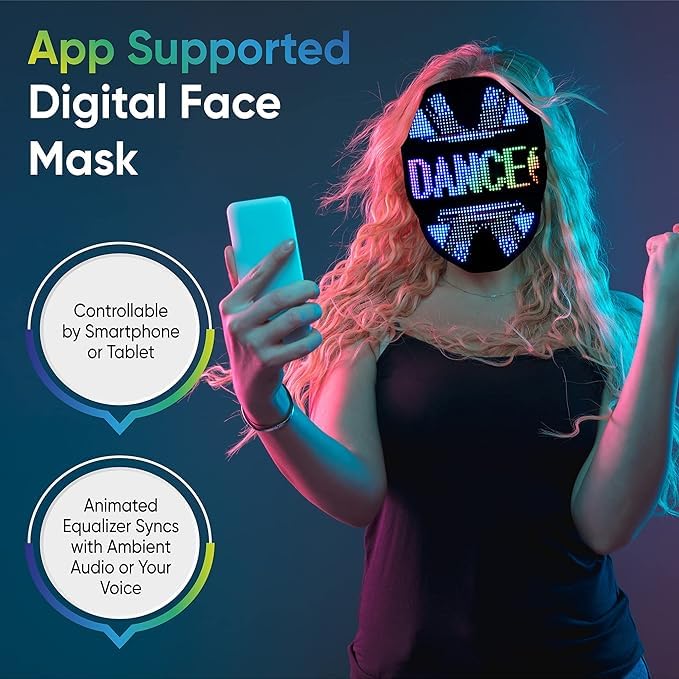 Glow Gear Face Transforming LED Mask App-Controlled Light Up Cosplay Mask with 115+ Animated Faces, Customizable LED Patte...