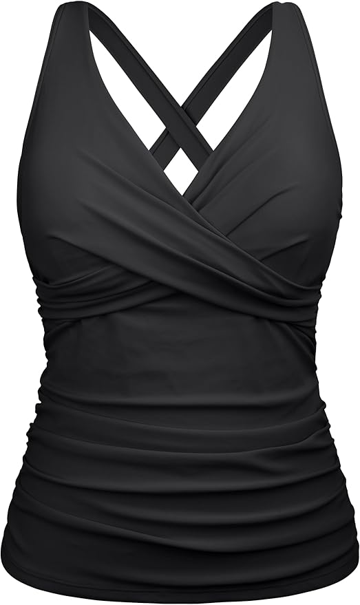 Firpearl Women Underwire Tankini Top Only Twist V Neck Swimsuits for Big Busted Ruched Tummy Control Bathing Suits Top