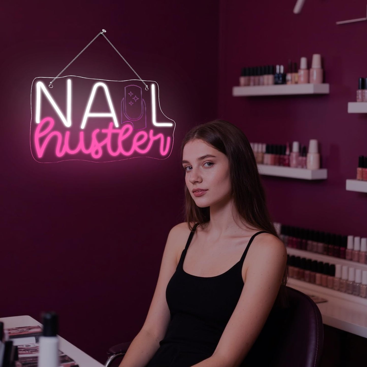 FAXFSIGN Neon Sign for Nail Tech Room, Dimmable LED Light, 14.9in x 9.1in, Colorful-A-Nail Hunter, Model FAXFSIGN-101