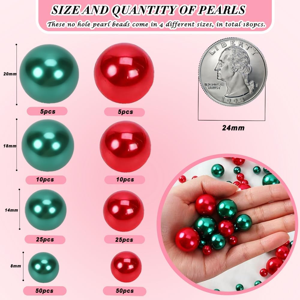 Pearl Beads No Hole Pearls for Crafting 180 Pcs Fake Pearls Faux Pearls for DIY Crafts Jewelry Making Vase Filler Floating Candle Wedding Birthday Party Home Decorations (Red & Green, 8/10/14/20mm)