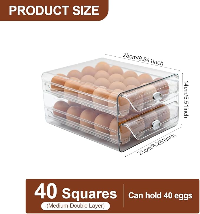 Egg Holder for Refrigerator,40 Eggs Clear Drawer Organizer,2 Layer Stackable Egg Holder Egg Trays,Egg Storage Container with Time Scale for Fridge Countertop Cabinet