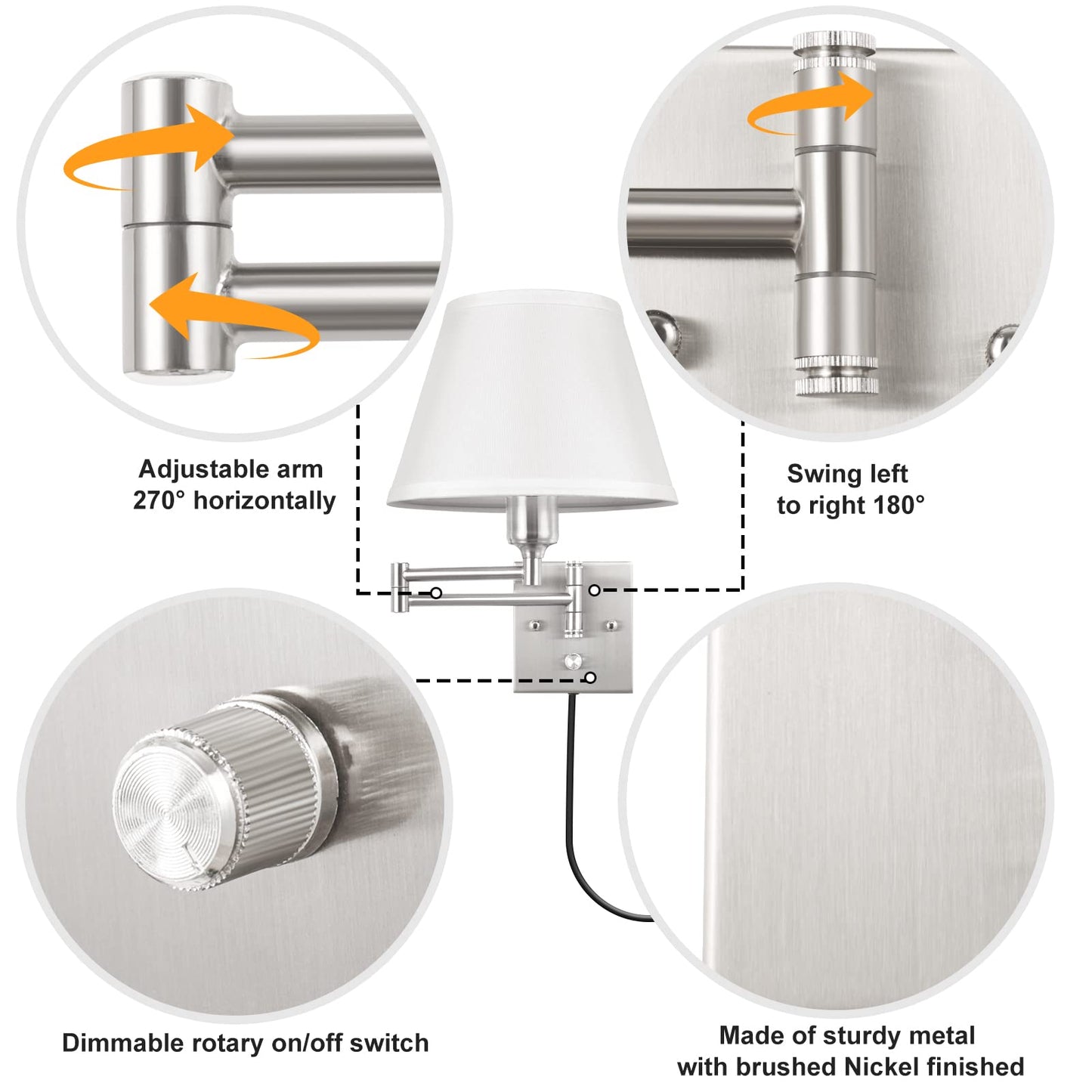 TRLIFE Wall Sconce Set of 2, Dimmable Brushed Nickel Swing Arm Lights, Medium White Fabric Shade, Model BYsconce-M-Whi