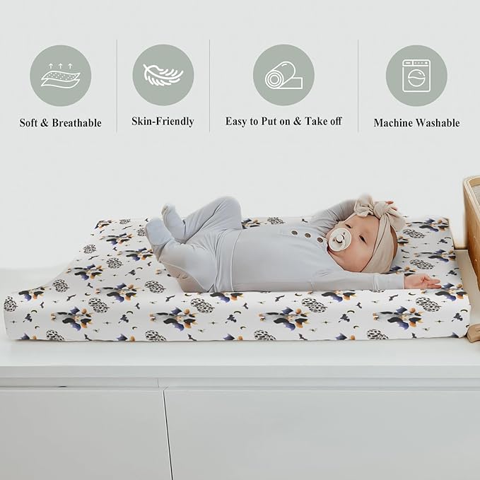 Halloween Cow Bats Pumpkins Baby Changing Pad Covers for Boy Girl Cute Cows Moon Stars Fitted Change Table Pad Covers Mats Spooky Farm Animal Soft Diaper Change Table Cover Sheets 32''×16''