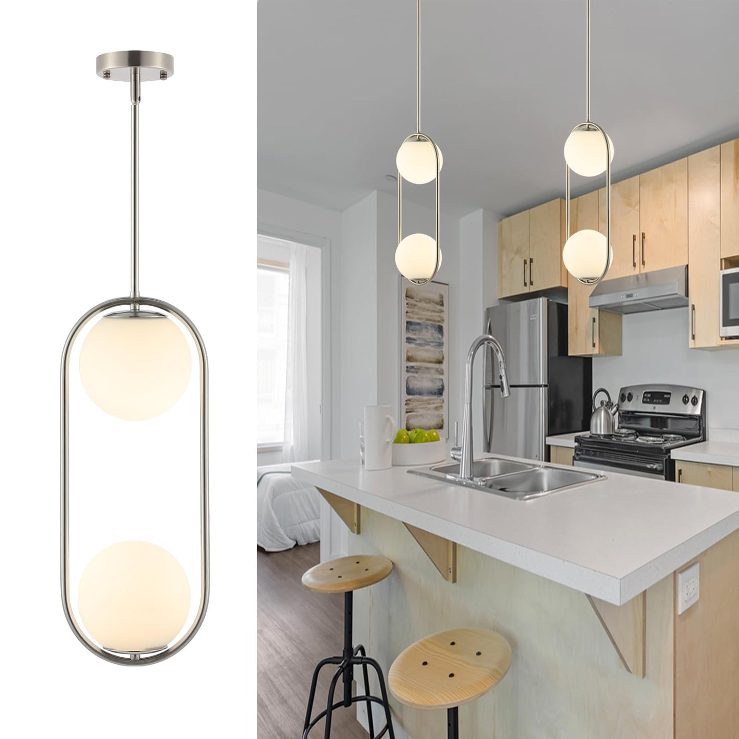 Byoliima Modern Globe Pendant Light 2-Lights Brushed Nickel Chandelier Mid Century Ceiling Hanging Lighting Fixture White Globe Glass Shades For Kitchen Island Dining Room Bedroom