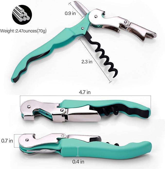 Soft Velvet Touch Waiters Double Hinge Corkscrew Wine Key Bottle Opener，Heavy Duty Waiter Corkscrew, Foil cutter and Bottle Opener,2-pack (2, Mint Green)