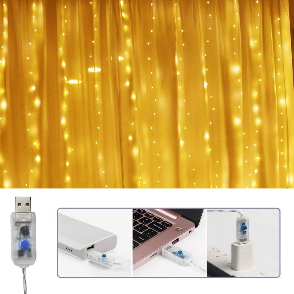 Vicila Curtain Lights 300 LED String Lights USB Powered 8 Modes Timer Remote Dimmable Copper 9.8ft x 9.8ft Warm White