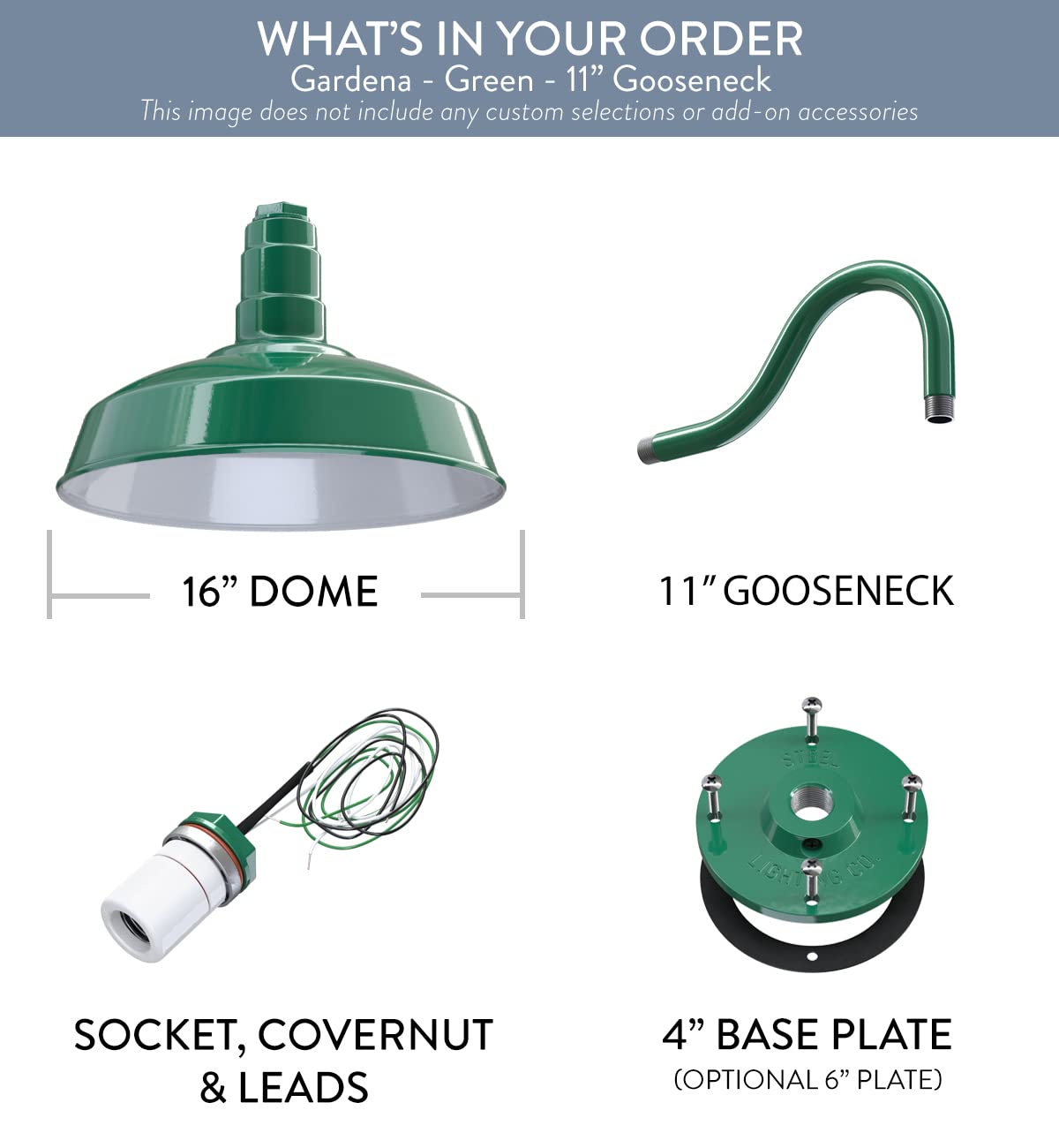 Steel Lighting Co. Gardena Barn Light - 16 Outdoor Wall Mount, 11 Gooseneck, Green Porcelain Finish, Made In America
