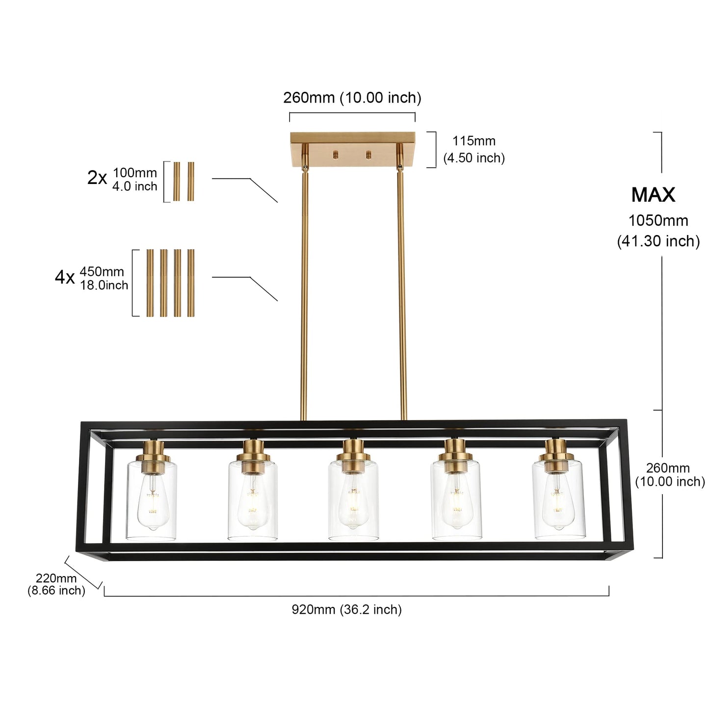 Melucee Black Rectangle Chandelier - 5 Light Linear Pendant Fixture, 36.2 Metal With Clear Glass Shade And Brushed Brass Socket