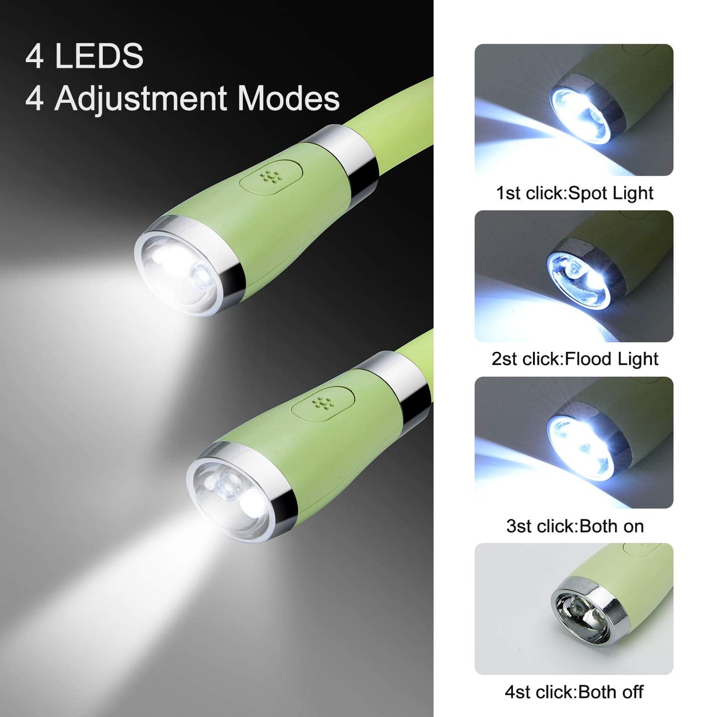 TSINGREE LED Neck Book Light, USB Rechargeable, 4 Super Bright LEDs, 3 Brightness Levels, Green, Model QRNBL