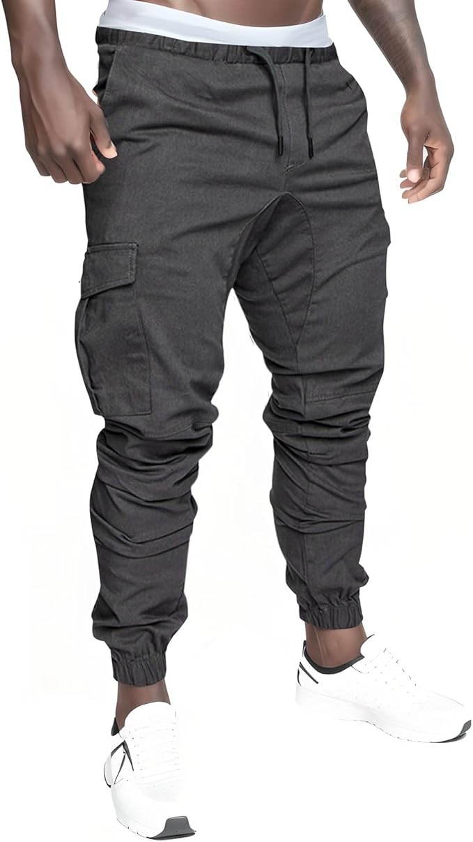 Mens Casual Cargo Pants Fashion Baggy Workout Joggers Straight Leg Pants Soft Drawstring Elastic Waistband Hiking Trousers