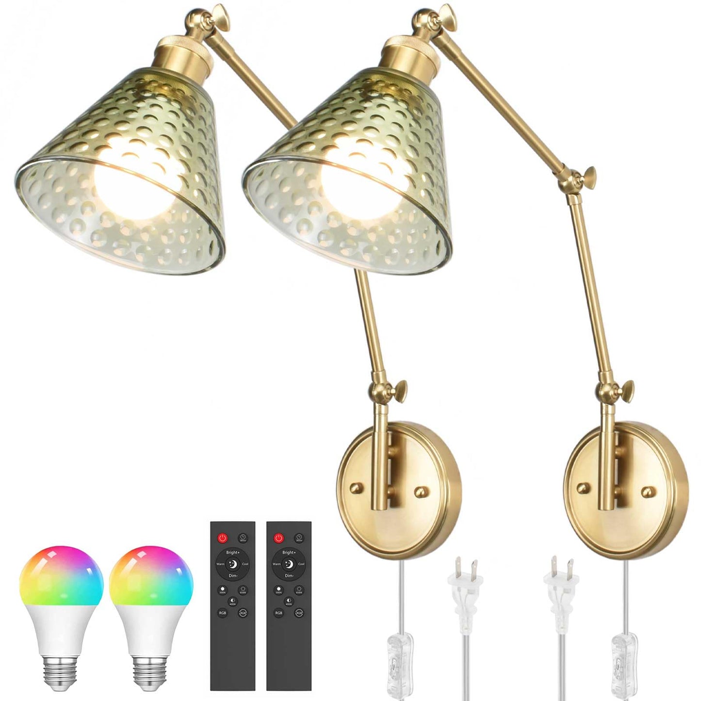 BARSUNS Swing Arm Wall Sconce Set of 2, Adjustable Brightness, Gold & Green, Model BS-WL351YG-B2, Plug-in/Hardwire, Remote Control