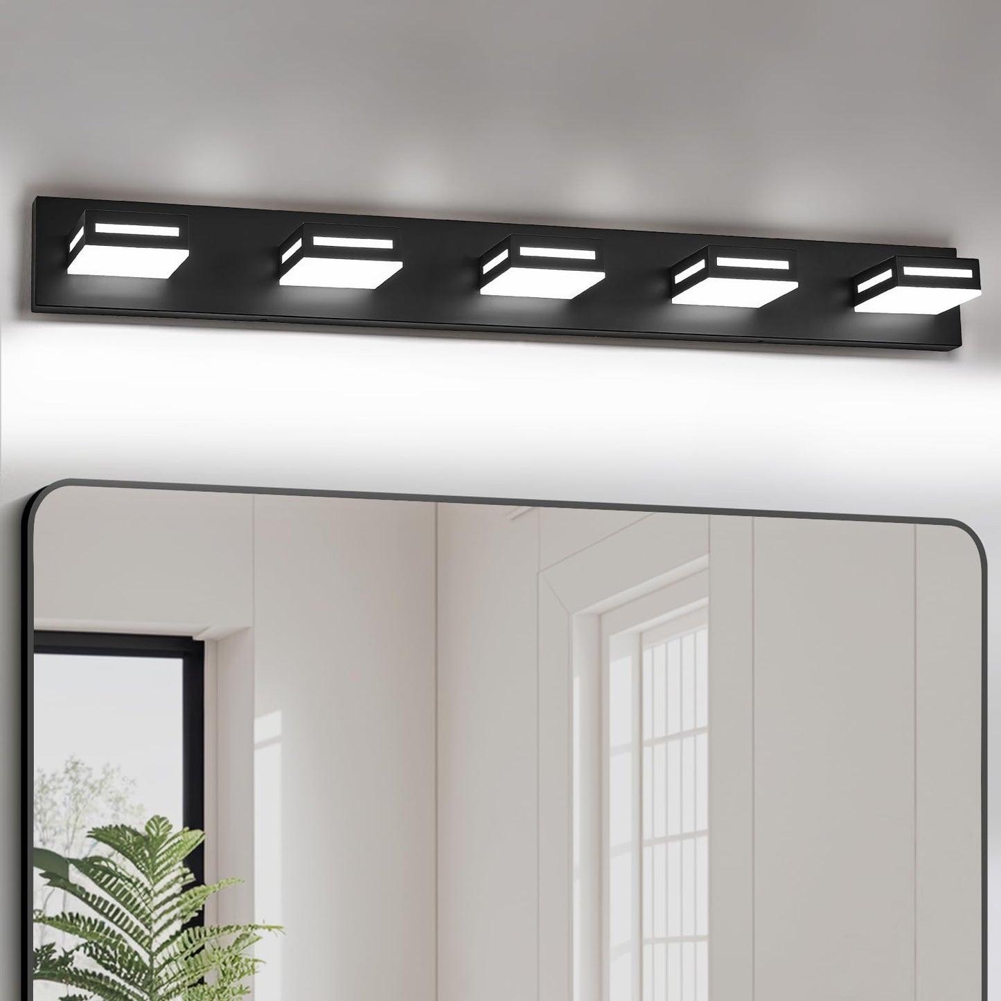 Donrao 40-Inch 5-Light LED Modern Black Bathroom Vanity Light Fixtures Over Mirror, Bathroom Lighting Fixtures with Cool White 6000K, Vanity Wall Lights for Bath Restroom Powder Room