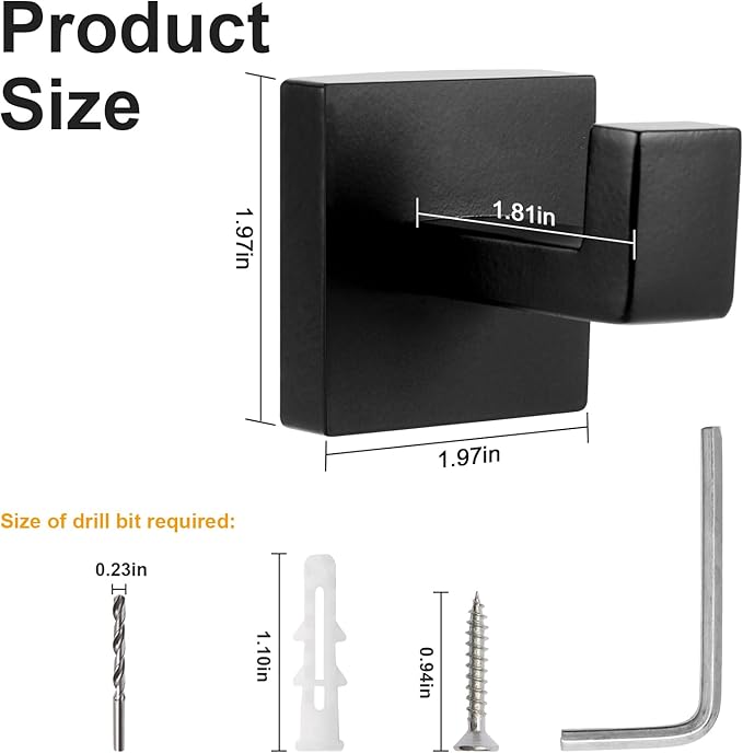 4 Pack Black Towel Hook, Matte Black Stainless Steel Wall Hooks for Bathrooms, Heavy Duty, Square, Robe Hooks, for Bathroom, Kitchen, Bedroom