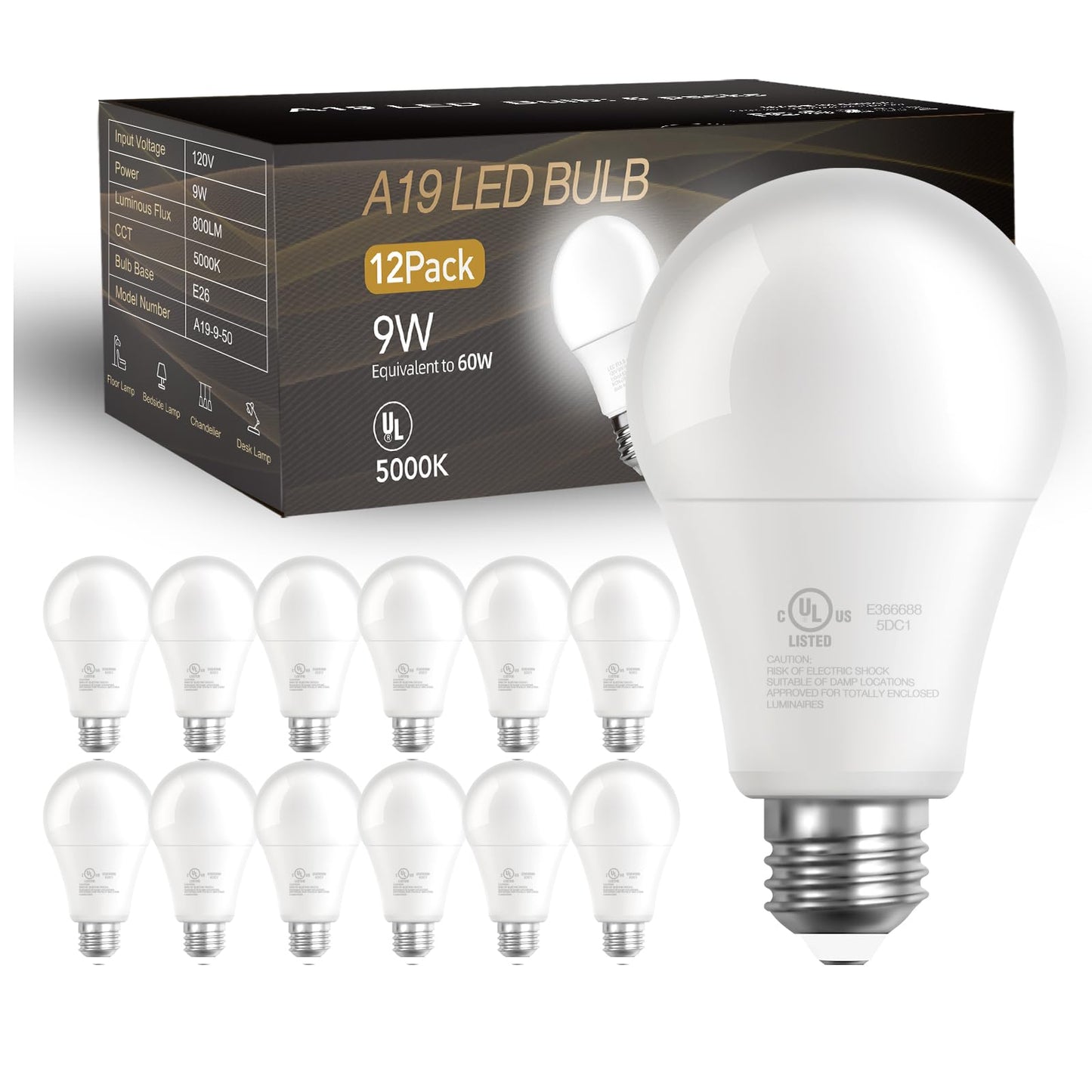 DAYBETTER 12 Pack A19 LED Light Bulbs, 60 Watt Equivalent LED Bulbs, Long Lifespan High Brightness 800LM Daylight White 5000K, E26 Standard Base Light Bulbs for Home Bedroom Office, Non-Dimmable