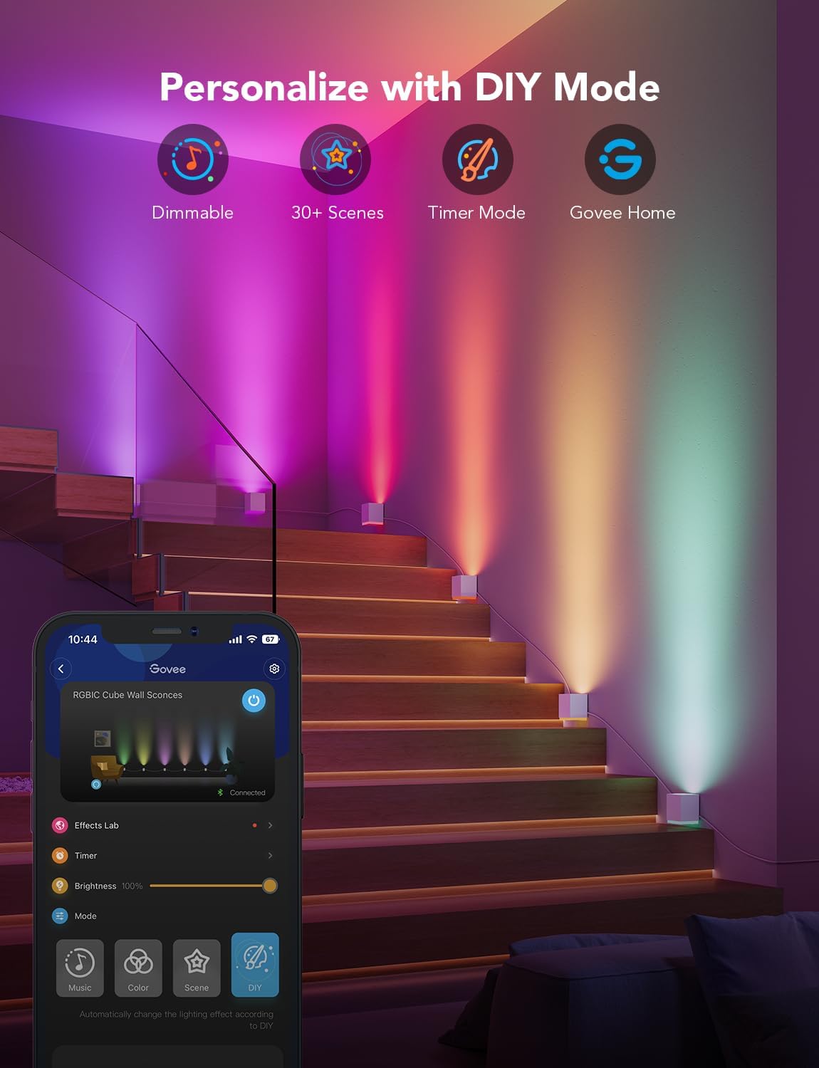 Govee Cube Wall Sconces RGBIC LED Light Fixture, WiFi Smart, Color Changing, Music Sync, Model H6088, White