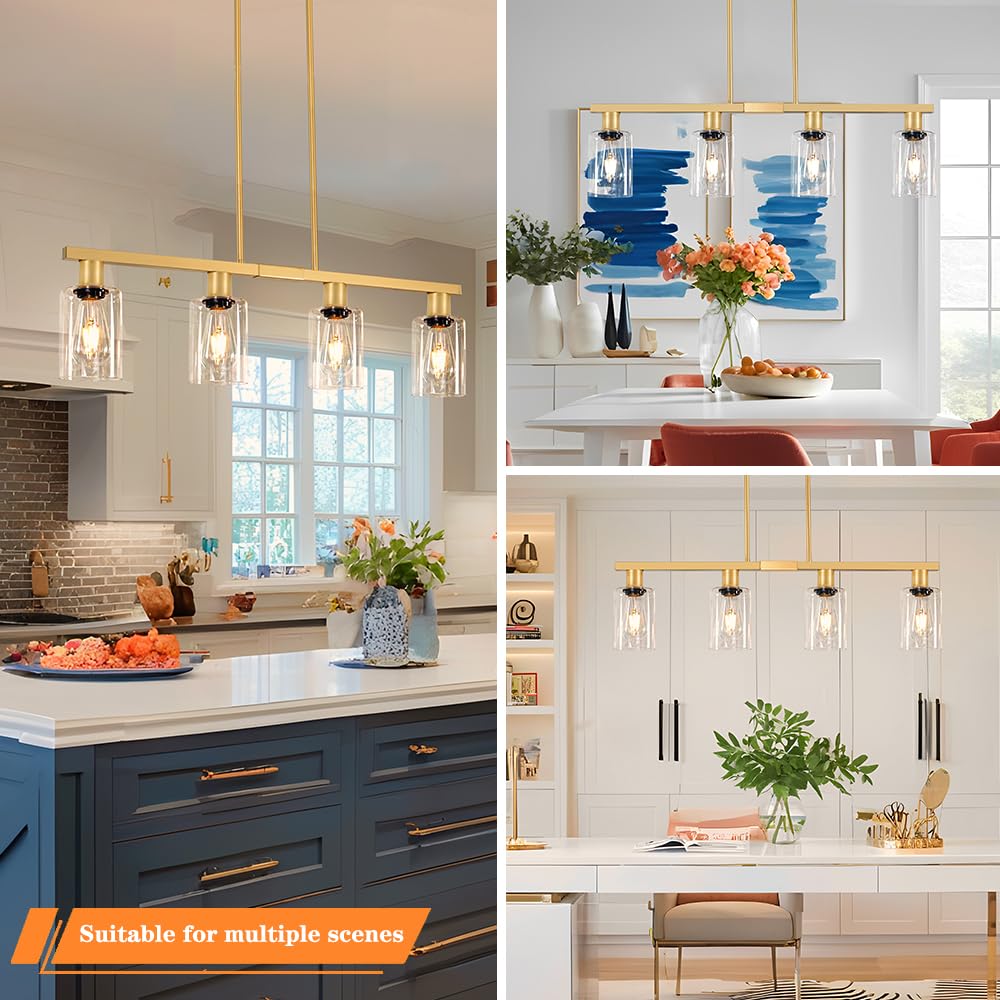 4-Light Kitchen Island Lighting  Gold Dining Room Light Fixtures Over Table  Island Lights With Glass Shade  Farmhouse Pendant Lights Kitchen Chandelier For Restaurant Bar  Height Adjustable