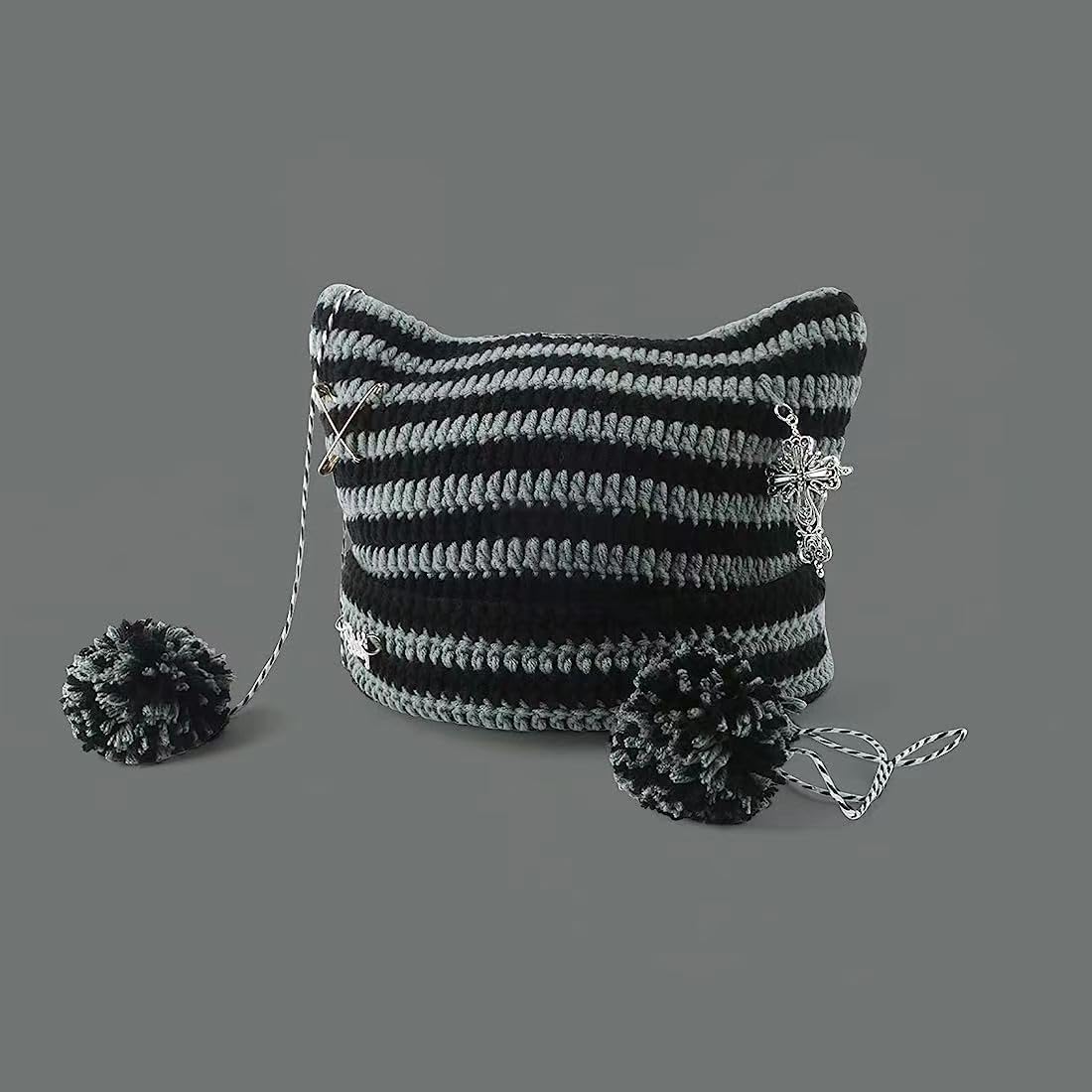 Y2k Beanies Crochet Knitted Cat Hats Goth Cross Devil Hat Striped Alt Emo Accessories Grunge Y2k Aesthetic Clothes (Gray,One Size)