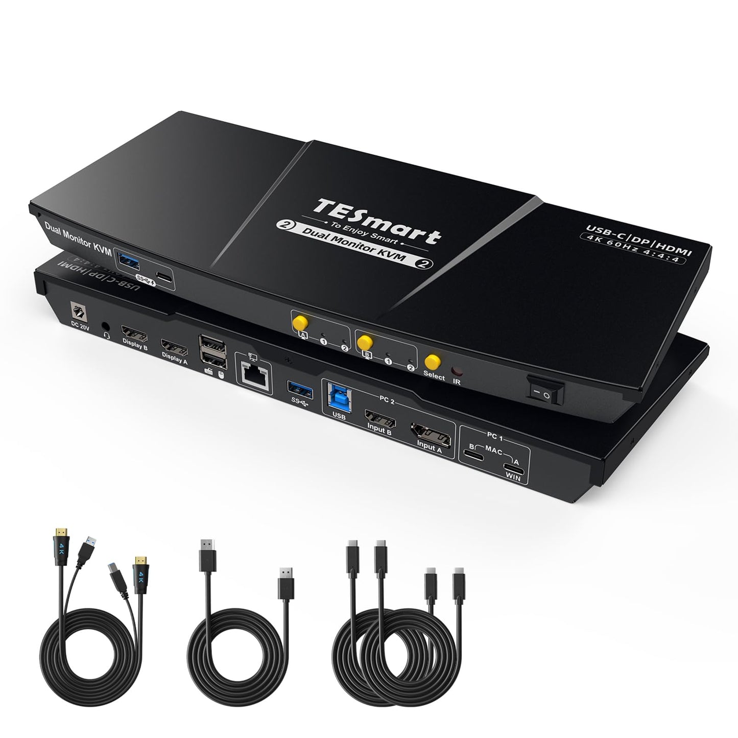 TESmart USB-C MST&EDID KVM Switch 2 Monitors 2 Computers HDMI+DisplayPort, USB 3.0 KVM Docking Station for Laptop&Desktop, Charging for Laptop, 4K@60Hz, Gigabit Network, Hotkey Switch, Input Cables