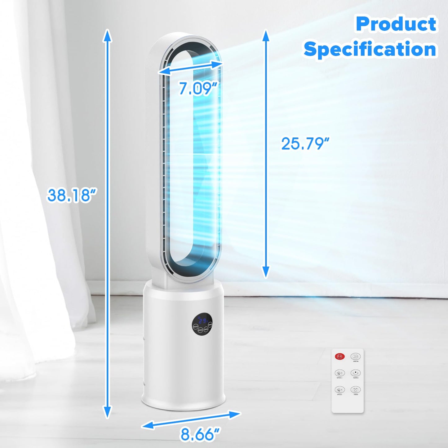 Cobuy Bladeless Tower Fan With Remote, Air Circulator Cooling Fan For Indoor Use, 24 Speeds Settings, 12 Timer, Quiet Oscillatin