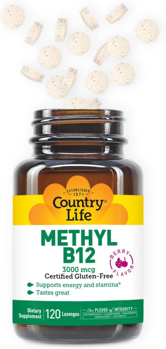 Country Life Methyl B-12 3000 mcg Lozenges, Vegan, Methylcobalamin for Energy and, Easily Absorbed, B12 Vitamin, Supports Energy Levels, Stamina & Metabolism, 120 Count