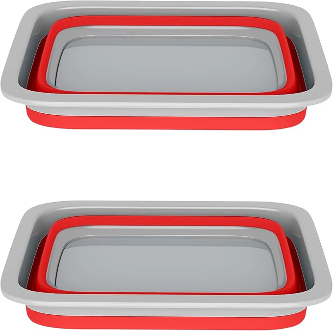 Set of 2 Multipurpose Wash Bins – 10-Liter Basins for Camping, Parties, or Cleaning – Collapsible Bucket Set by Wakeman (Red)