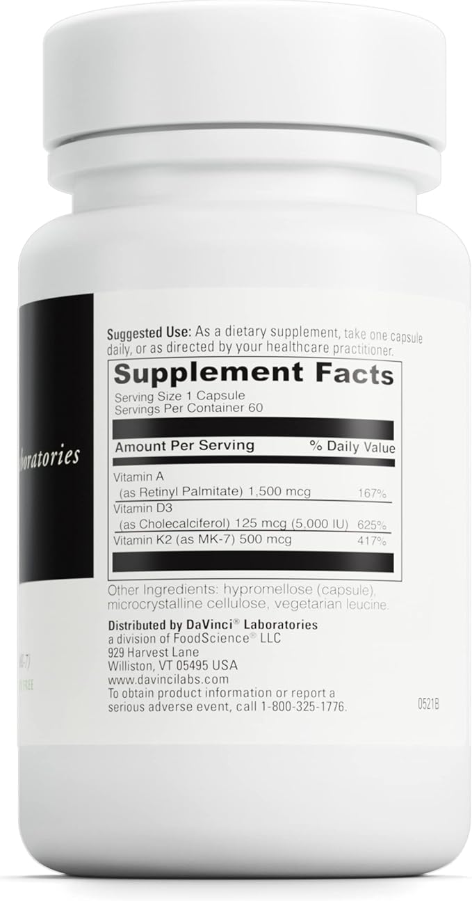 DaVinci Labs ADK - Helps Support Bone, Heart & Immune Health* - Dietary Supplement with Vitamins A, D3 & K2 (as MK-7) - Vegetarian, Gluten Free & Soy Free - 60 Capsules