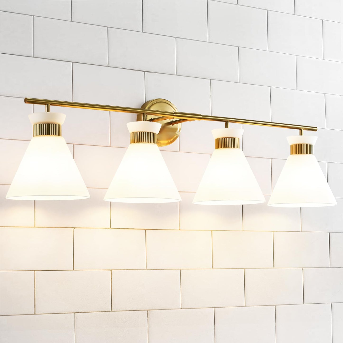 Woshitu Bathroom Vanity Light - 4-Bulb Mid Century Modern Sconce, Brass Gold, Frosted Glass, Metal, Over Mirror Lighting