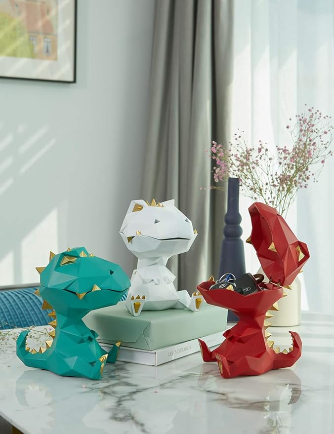 HAUCOZE Dinosaur Statue Candy Dish Key Bowl Dino Gifts Sculpture Modern Home Decor Accessories Pop Arts Polyresin Cookie Jar White 7.5 inch