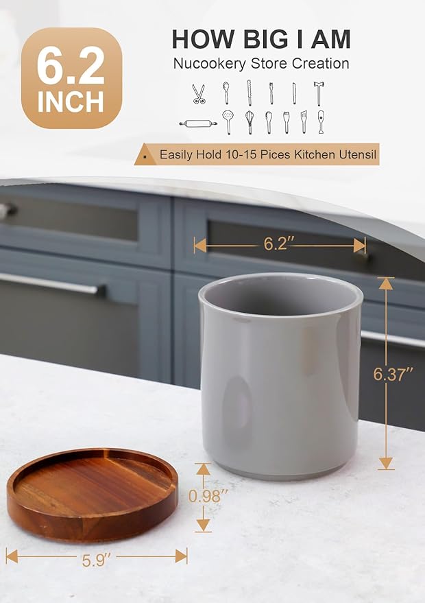 Nucookery 360° Rotating Utensil Holder, 7.2" Large Utensil Crock, White Ceramic Cooking Utensil Organizer with Countertop-Protection Cork Bottom for Farmhouse Kitchen Decor Gift (Gray)