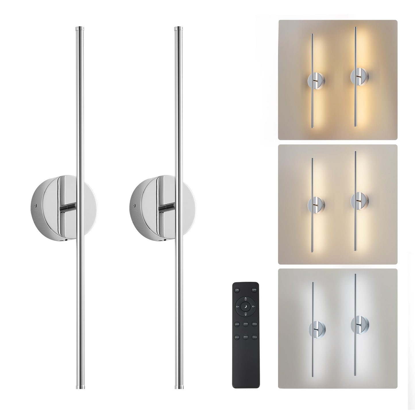 KARTOOSH Wall Sconces - Removable Battery Operated LED Lights, 350° Rotate, 3 Color Temperatures, 28.3 Inch (2 Pack), Chrome