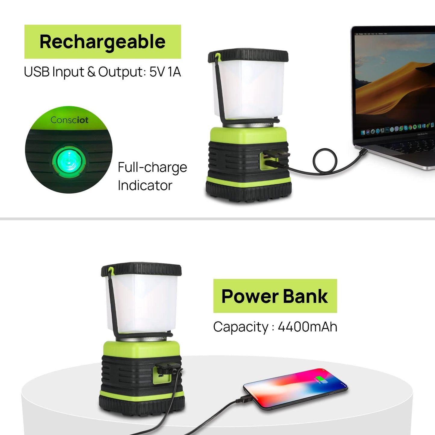 Consciot LED Camping Lantern, 1000LM, 4 Light Modes, Dimmable, Rechargeable, IPX4 Waterproof, Light Green, Model AOL002-US-V1