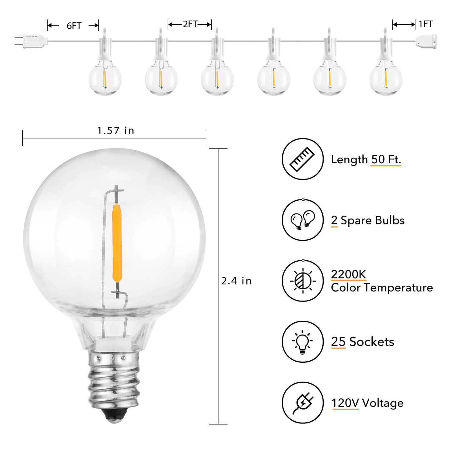 Brightown Outdoor String Lights - 50Ft Waterproof Led Globe Lights With 25 G40 Bulbs, All-Weather Patio Decor, White