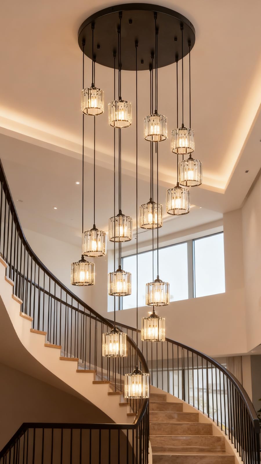 Meimond Long Chandeliers For High Ceilings Modern Crystal Pendant Light Raindrop Drop Lamp Hanging Flush Mount Lighting Fixtures For Spiral Staircase Foyer Entryway Living Room Black (15 Lights)