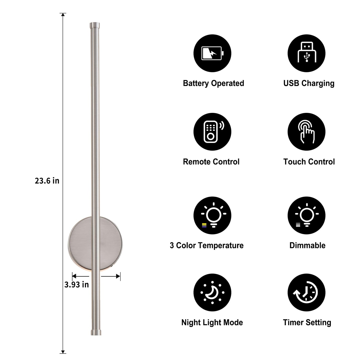 KARTOOSH Battery Operated Wall Sconces Set of Two, Dimmable, 3 Color Temperatures, 23.6 Inch Nickel, Model ZM322B