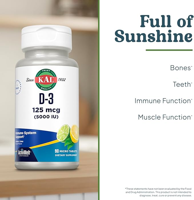 KAL Vitamin D-3 5000 IU ActivMelt, Instant Dissolve, Natural Lemon Lime Flavor, Healthy Immune Function & Bone Support, 90 Servings, 90 Micro Tablets