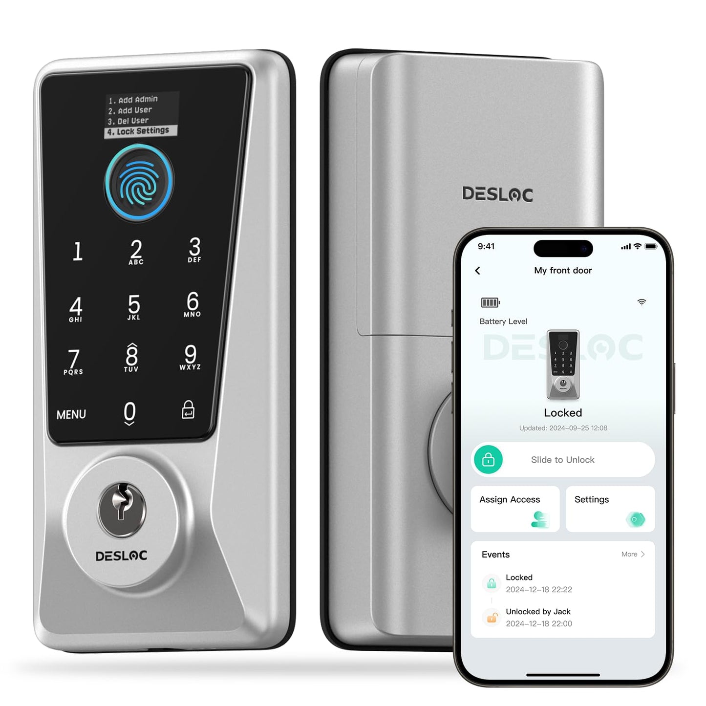 DESLOC Smart Lock D110 Plus, Fingerprint Keyless Entry Door Lock, Built-in Wi-Fi, App Remote Control, Smart Locks for Front Door, Keypad Deadbolt with LockVue Display, IP54, BHMA Grade3, Silver
