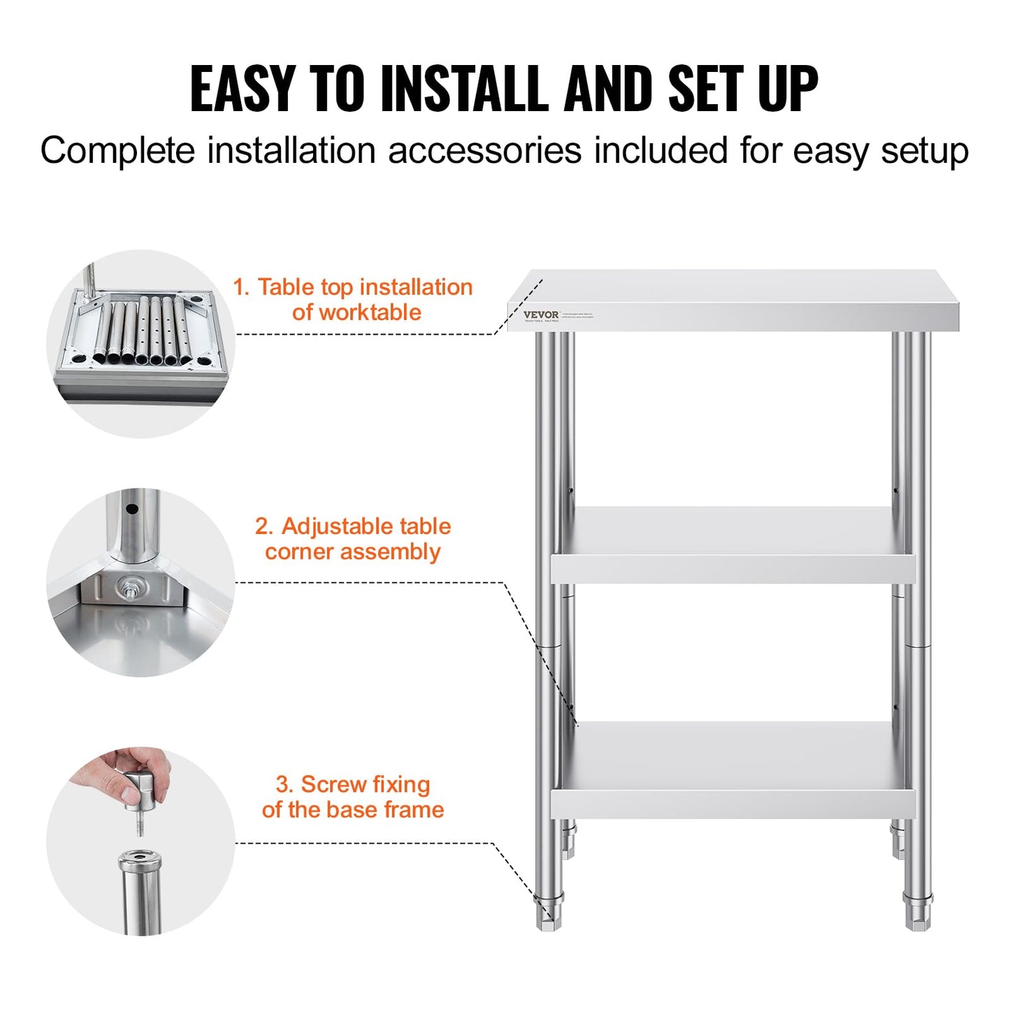 VEVOR Stainless Steel Food Prep Table, 14 x 24 x 34 Inch Commercial Food Prep Worktable Heavy Duty Prep Worktable, Metal Work Table with Adjustable Height for BBQ, Kitchen, Home, and Garage