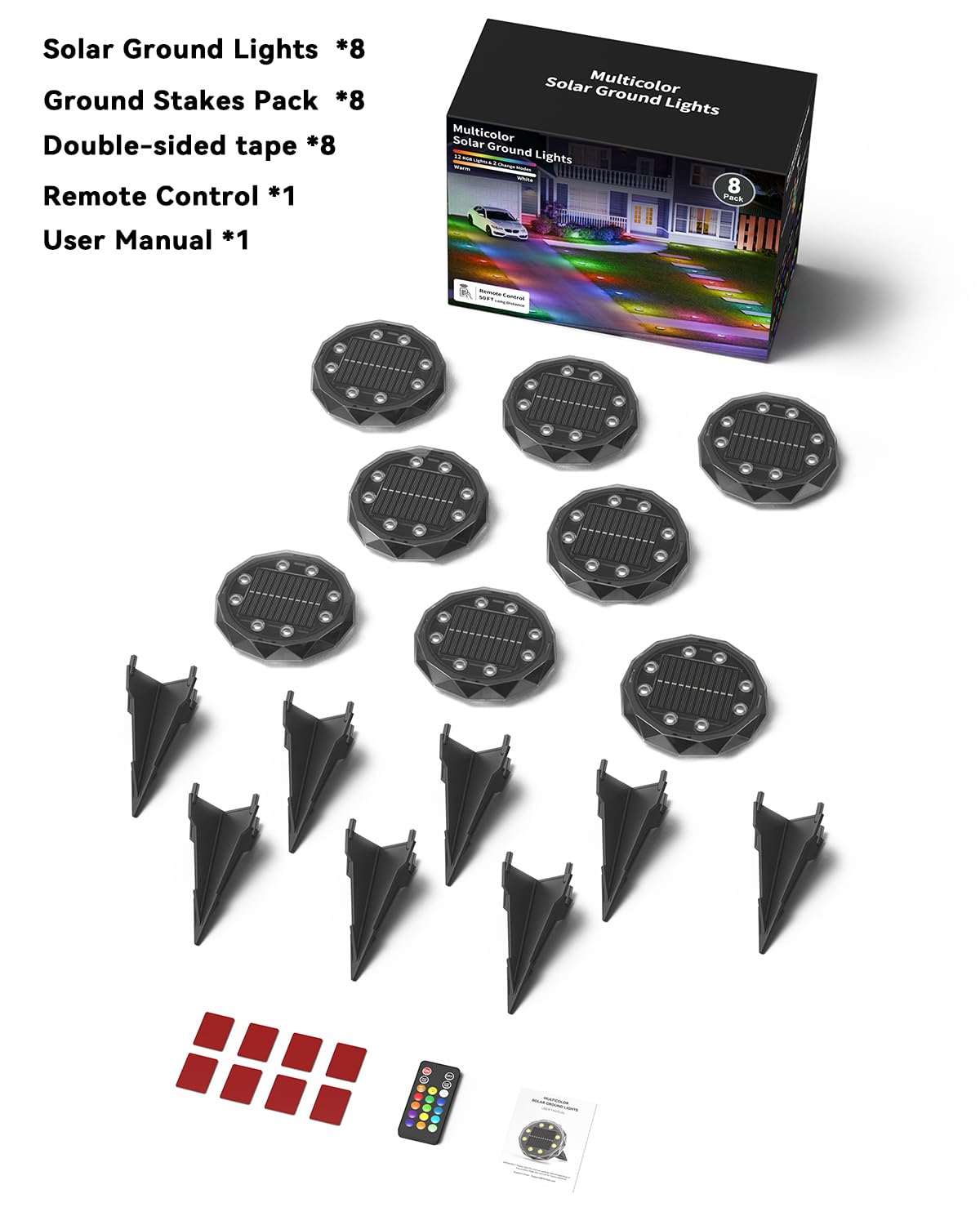 Solar Ground Lights with Remote Control 50ft,IP67 Waterproof Solar Garden 15 Multi Color Lights,RGBYW Solar Powered Outdoor Landscape Lighting for Pathway,Yard,Deck,Lawn,Patio,Walkway,Poolside,8 Pack