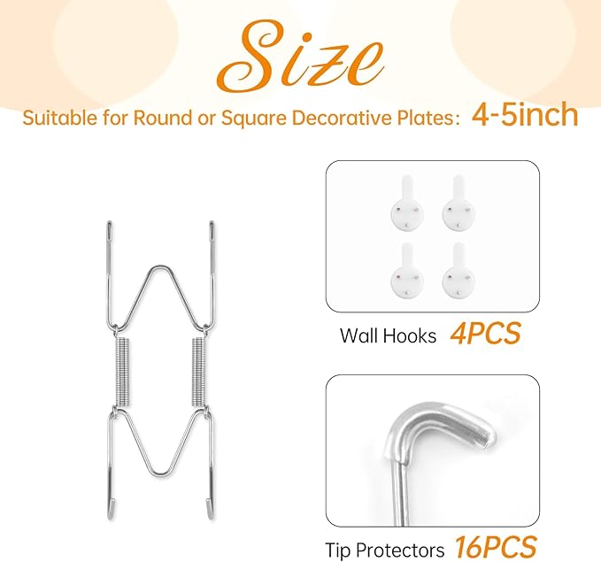 4 Pack Plate Hangers for The Wall, Suitable for 4-5 inch Art Plate, Stainless Steel Invisible Heavy Duty Wire Plate Holder with Wall Hooks, Plate Hangers for Displaying Plates, Platter, Dish, Silver