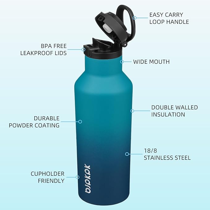 BJPKPK Insulated Water Bottle With Straw 17oz Stainless Steel Water Bottles With 2 Lids And Carry Handle Reusable Travel Metal Thermal Flask,Indigo Black