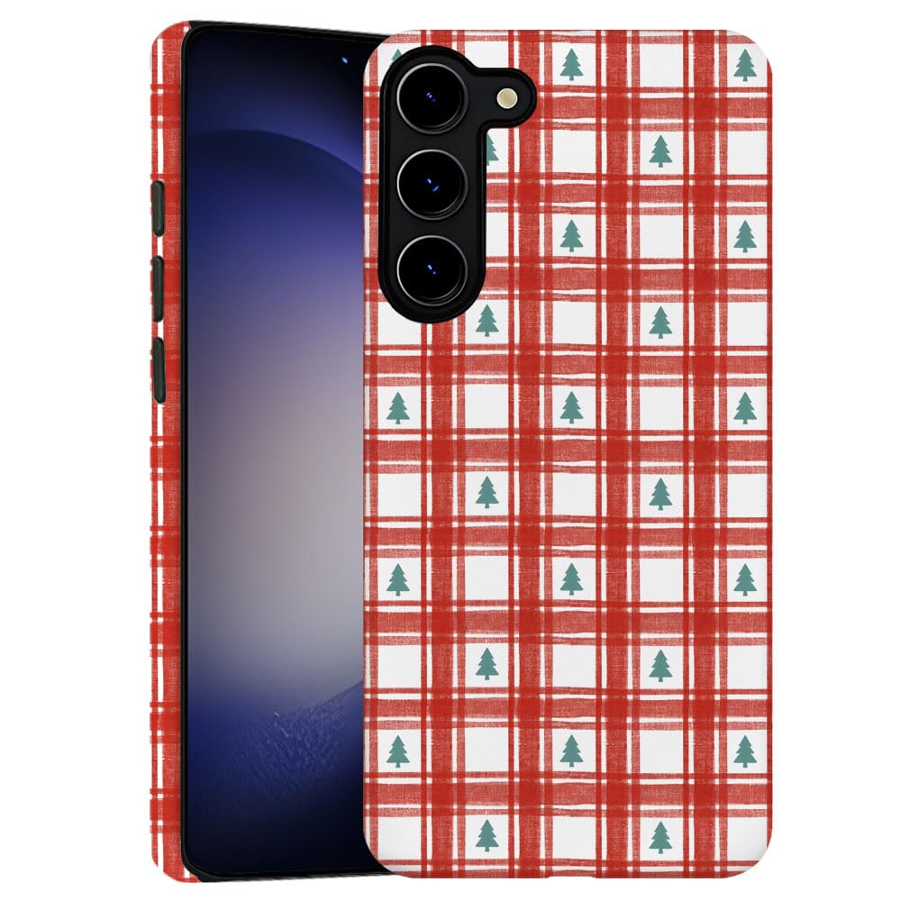 TnXee Case for Samsung Galaxy S23 Plus,Christmas Tree Red Gingham Pattern Phone Case Drop Resistant Frosted 2 in 1 Solid Dual-La