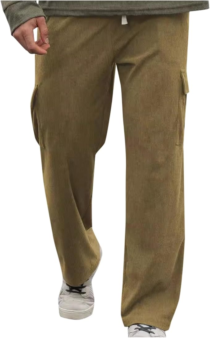 Men's Corduroy Cargo Pants 2026 Winter Warm Stretch Straight Leg Pants Casual Athletic Loose Fit Jogger Lightweight Trousers