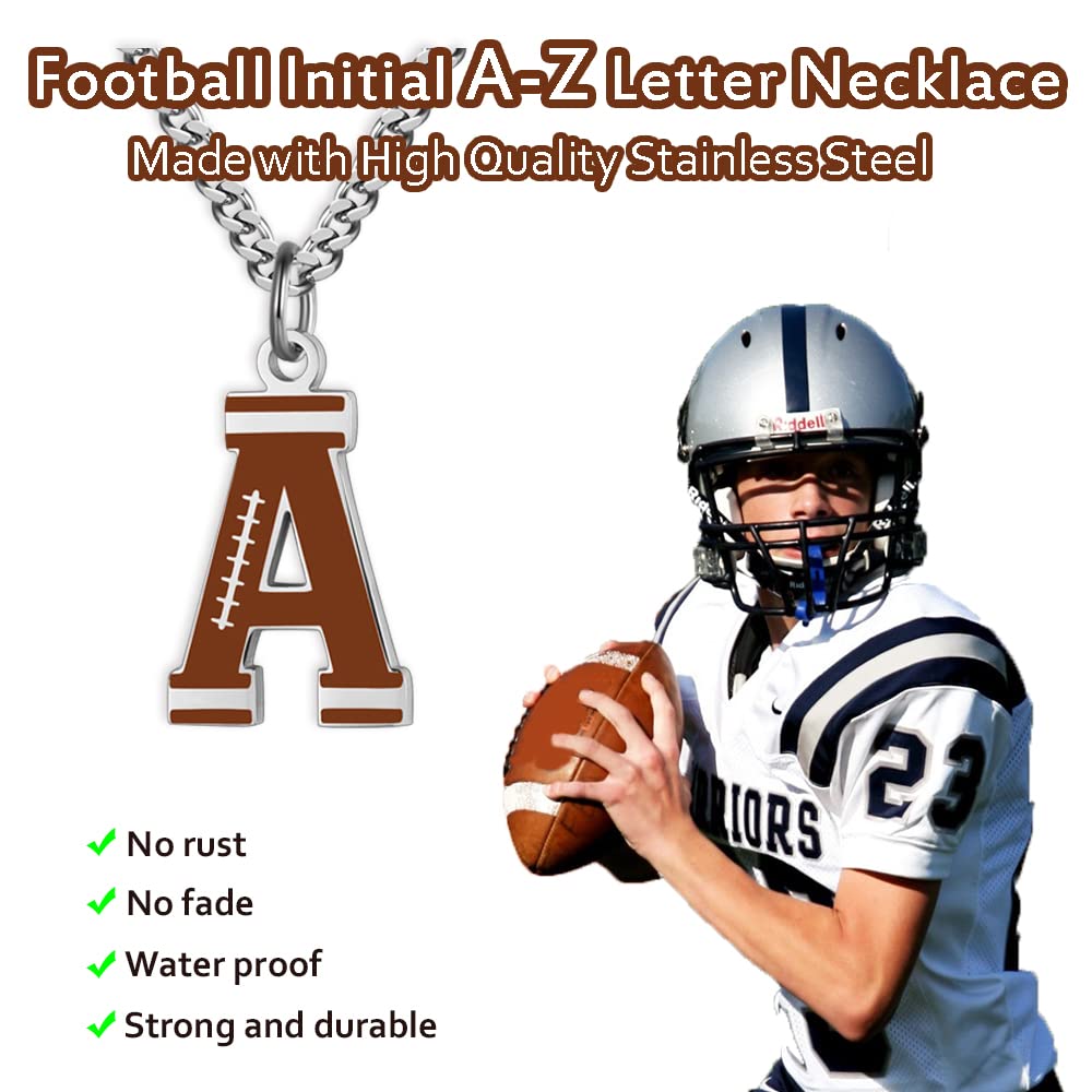 AIAINAGI Football Initial A-Z Letter Necklace for Boys Football Charm Pendant Stainless Steel Silver Chain 22inch Personalized F