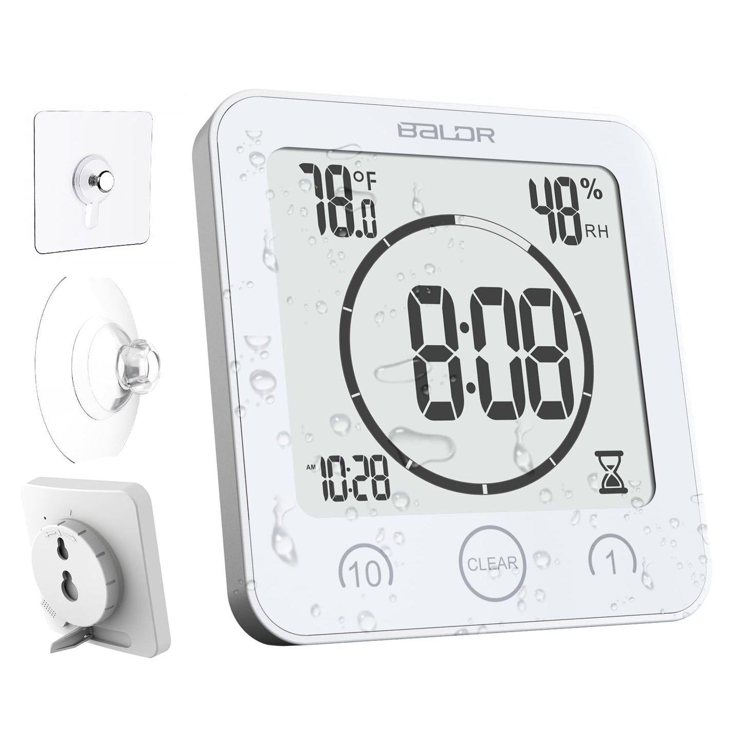 Baldr Shower Clock Waterproof Bathroom Clock with Timer/Temperature/Humidity, Digital Timers for Kids and Adults, Bath Kitchen Study, White