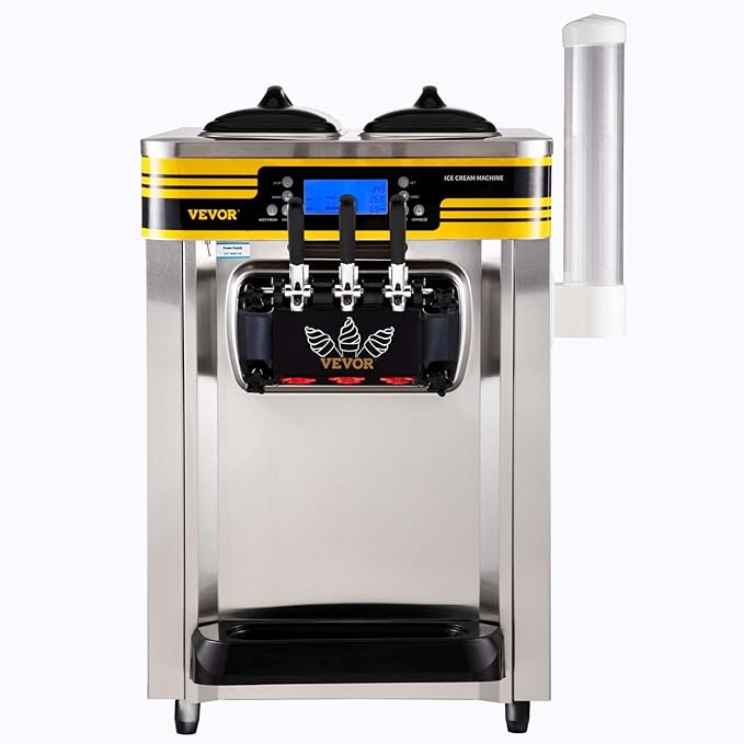 VEVOR Commercial Ice Cream Maker, 22-30L/H Yield, 2350W Countertop Soft Serve Machine with 2x6L Hopper 2L Cylinder LCD Panel Puffing Shortage Alarm, Frozen Yogurt Maker for Restaurant Snack Bar, Silve