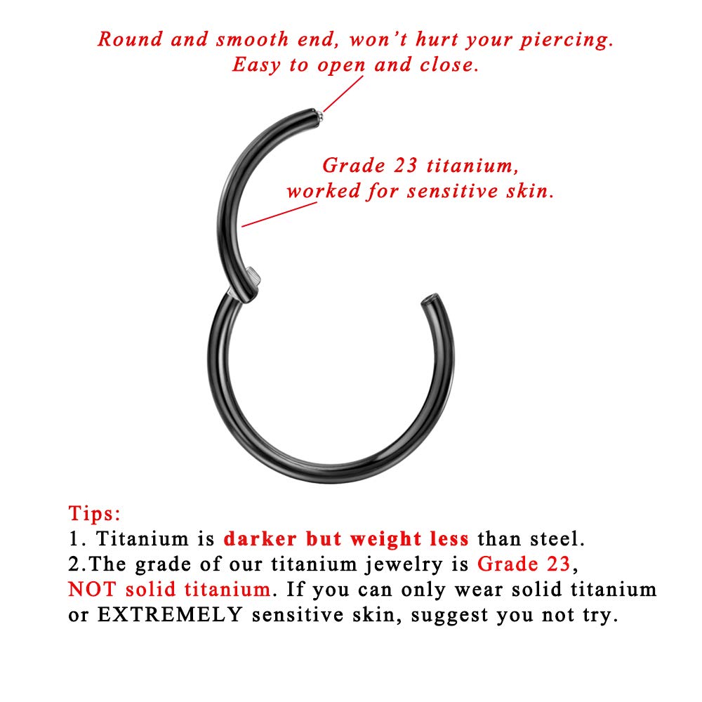 FANSING Tiny Titanium Nose Hoop 20g Piercing Earring for Cartilage Helix Rook Daith Tragus & Anti-Tragus Black Nose Rings 20 Gau
