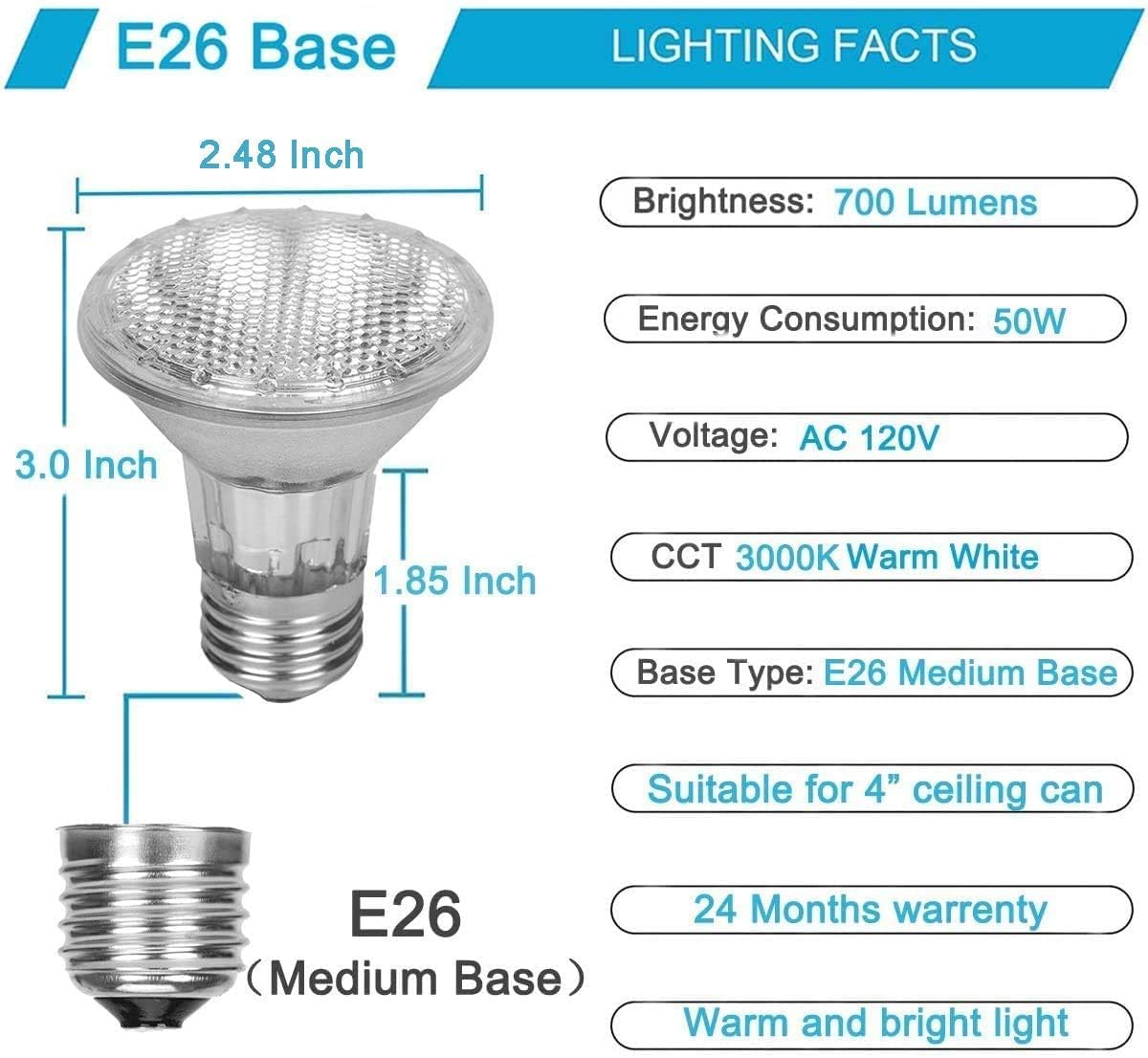 Vinaco Par20 Bulb 50 Watt 2 Pack  High Output Halogen 50W Floodlight  Warm White 3000K Dimmable E26  Long Lasting For Track And Recessed Lighting